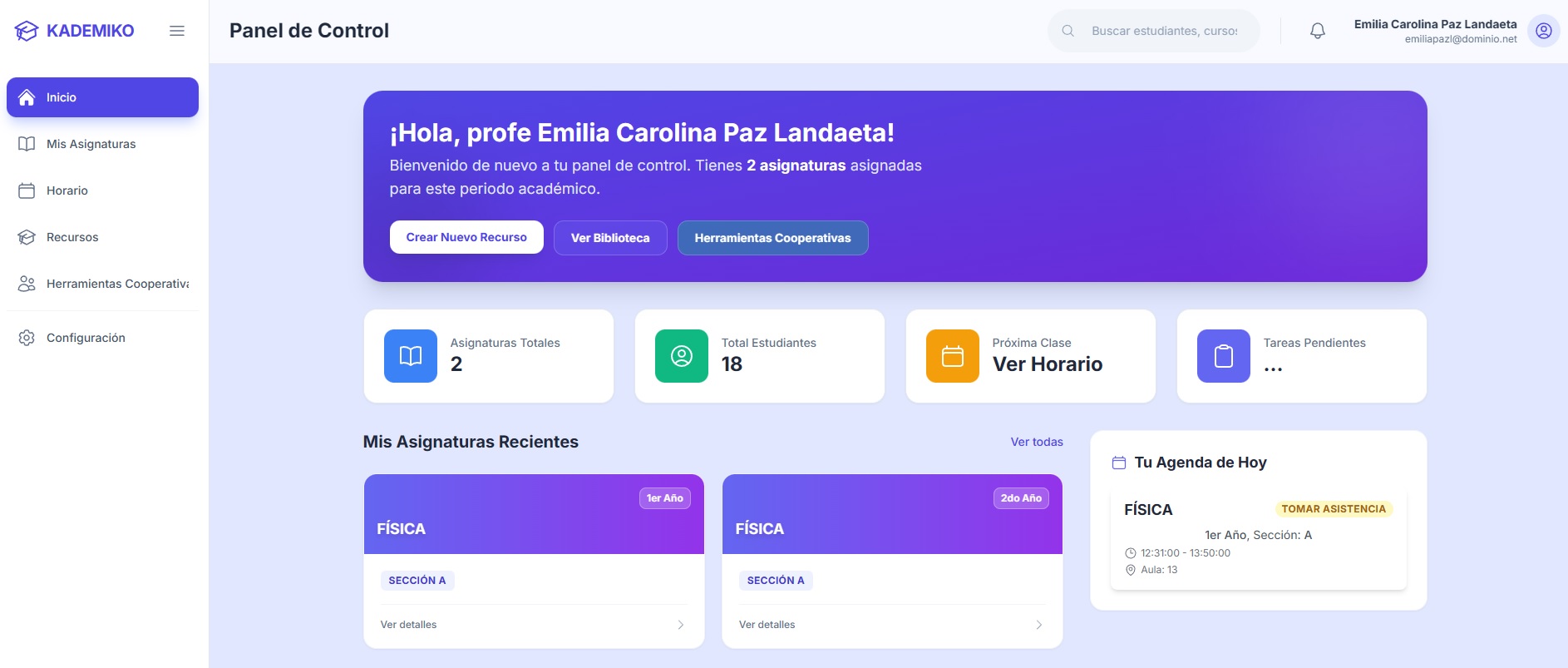 Dashboard Docente: Mis Asignaturas, Horario en Tiempo Real y Alertas Tempranas